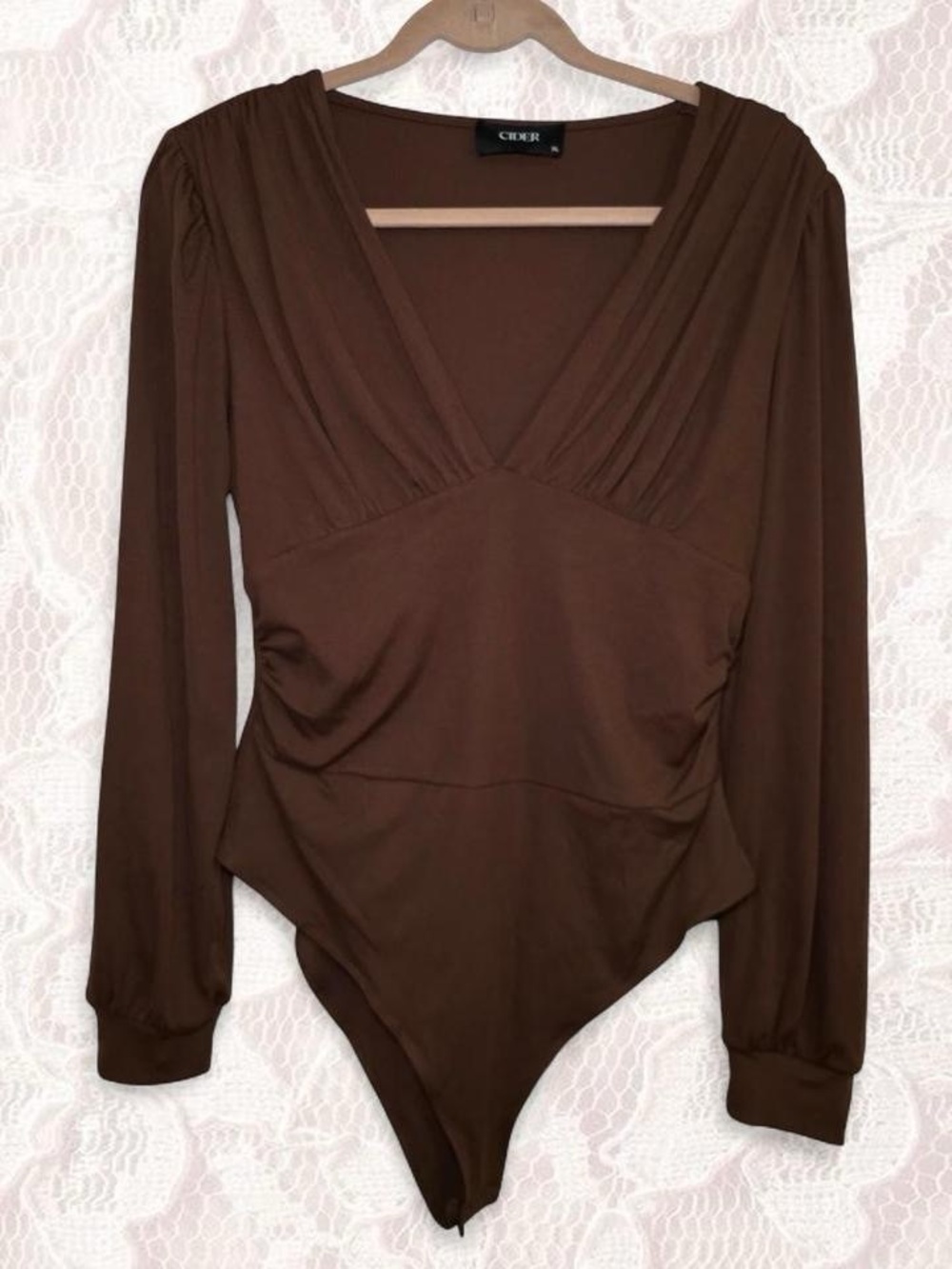 CIDER Brown Long-Sleeve V-Neck Ribbed Bodysuit XL